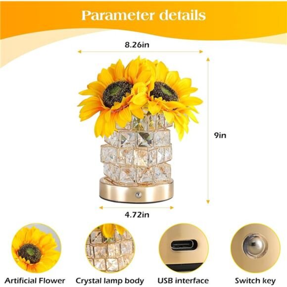 Sunflower Table Lamp Rechargeable Touch Night Light 3 Color Dimmable Gift for Wo - Picture 4 of 7